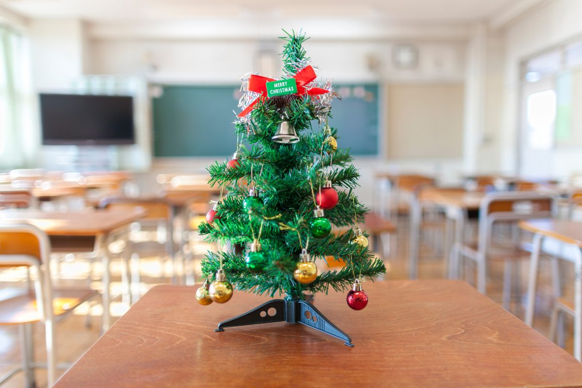 A Christmas tree in an empty classroom